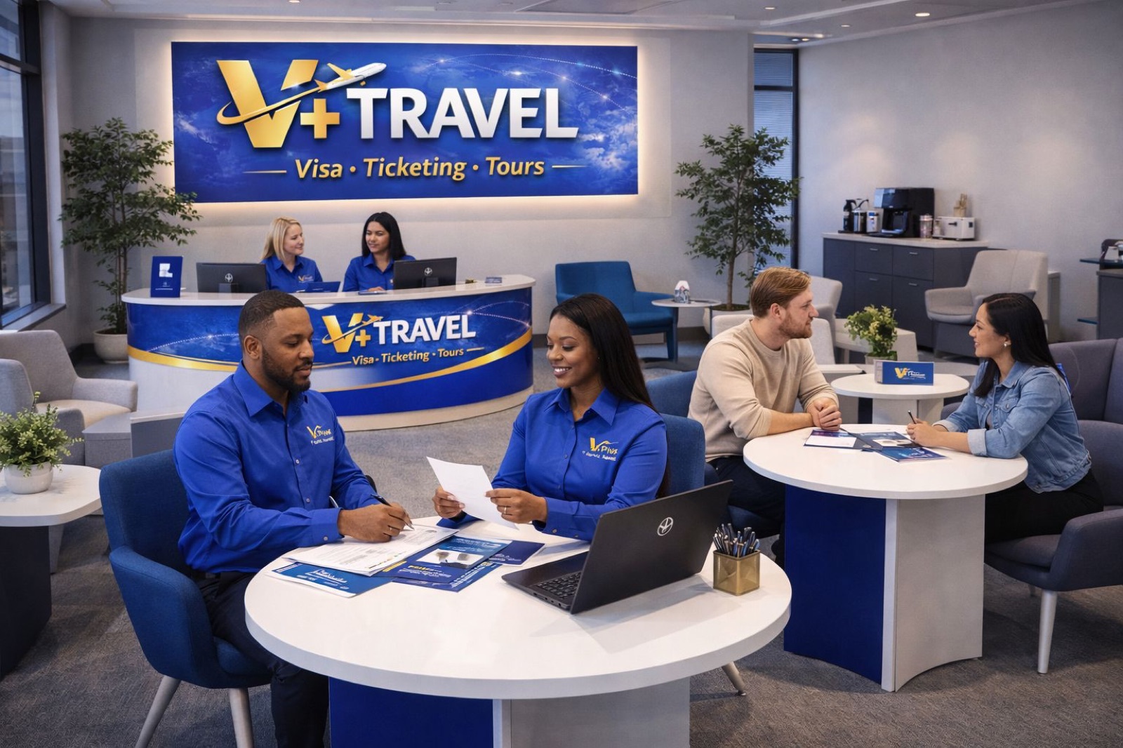 A consultant meeting clients in the V+ Travel lounge