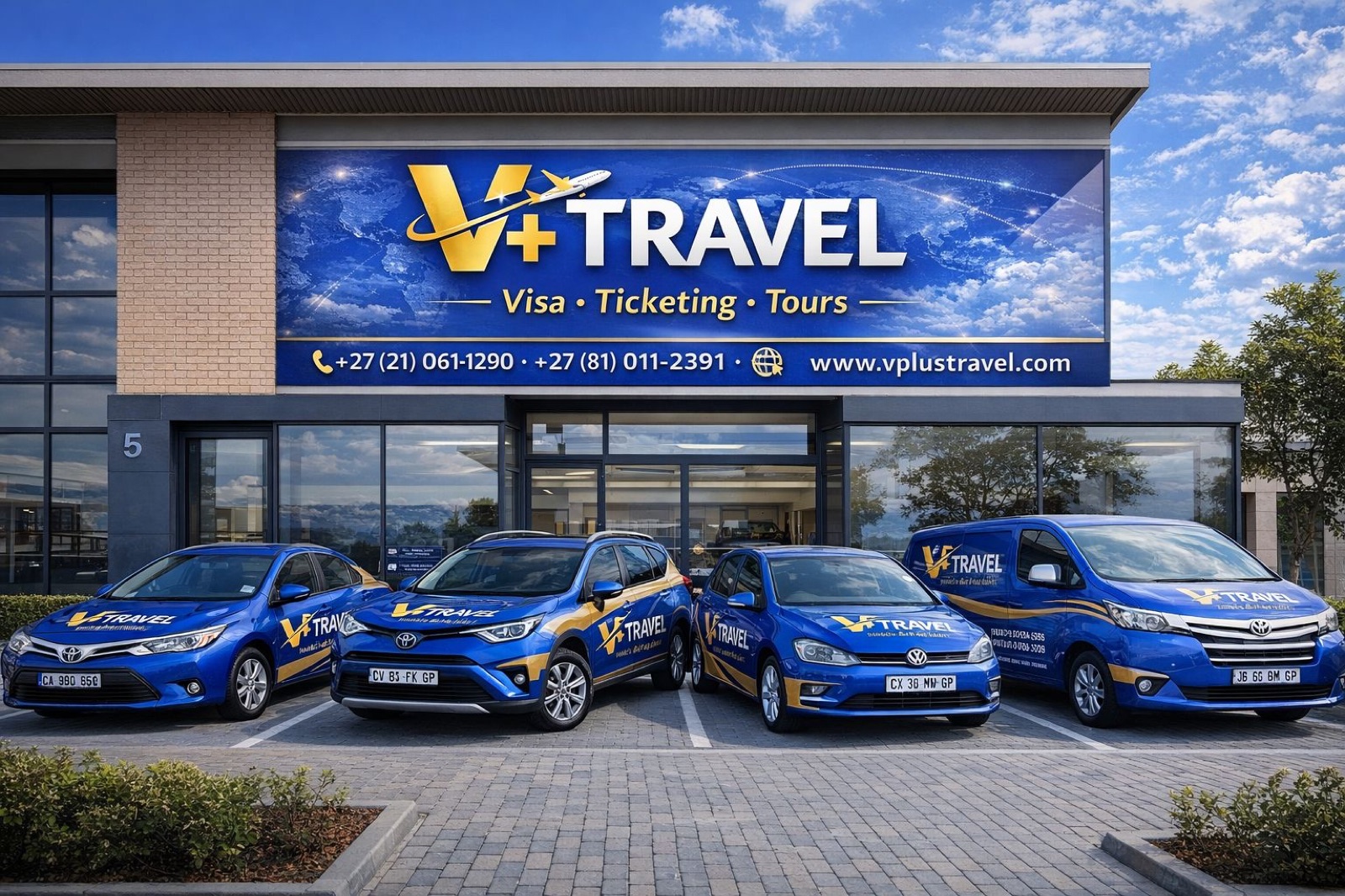 The V+ Travel office in Parow North, Cape Town, with branded vehicles parked outside